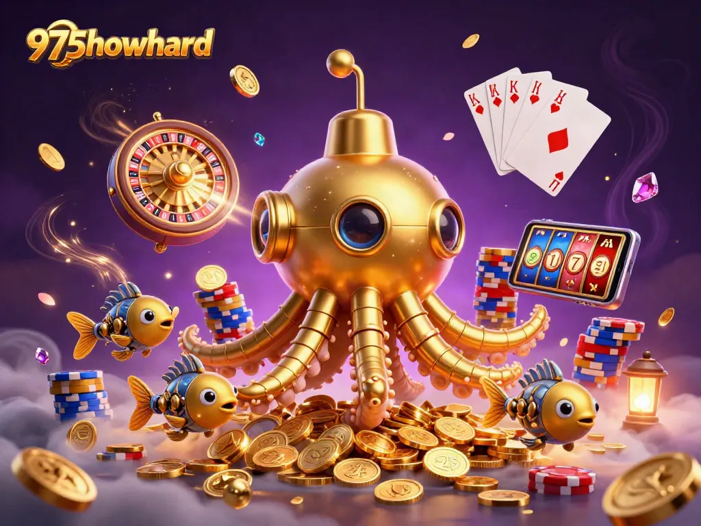 Experience excitement at 975howard with a captivating 3D gold kraken casino illustration.