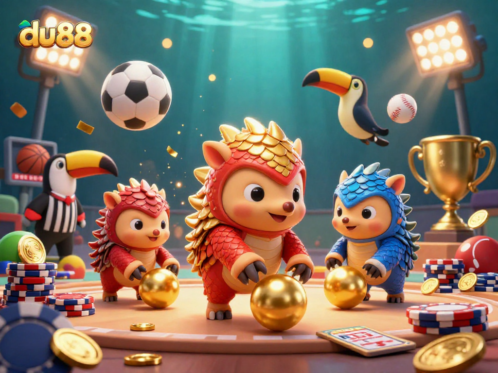 Engage with du88's thrilling casino experience as rival pangolins roll golden balls and poker chips.