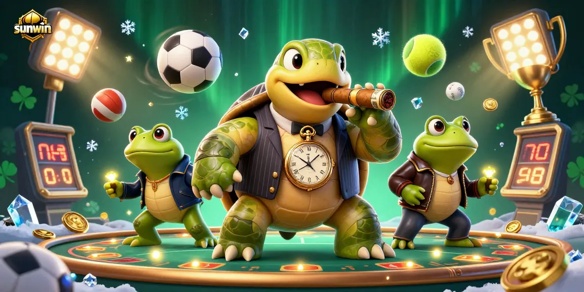 Engage in thrilling betting at sunwin with a cartoon turtle in a mobster suit and dynamic sports elements.