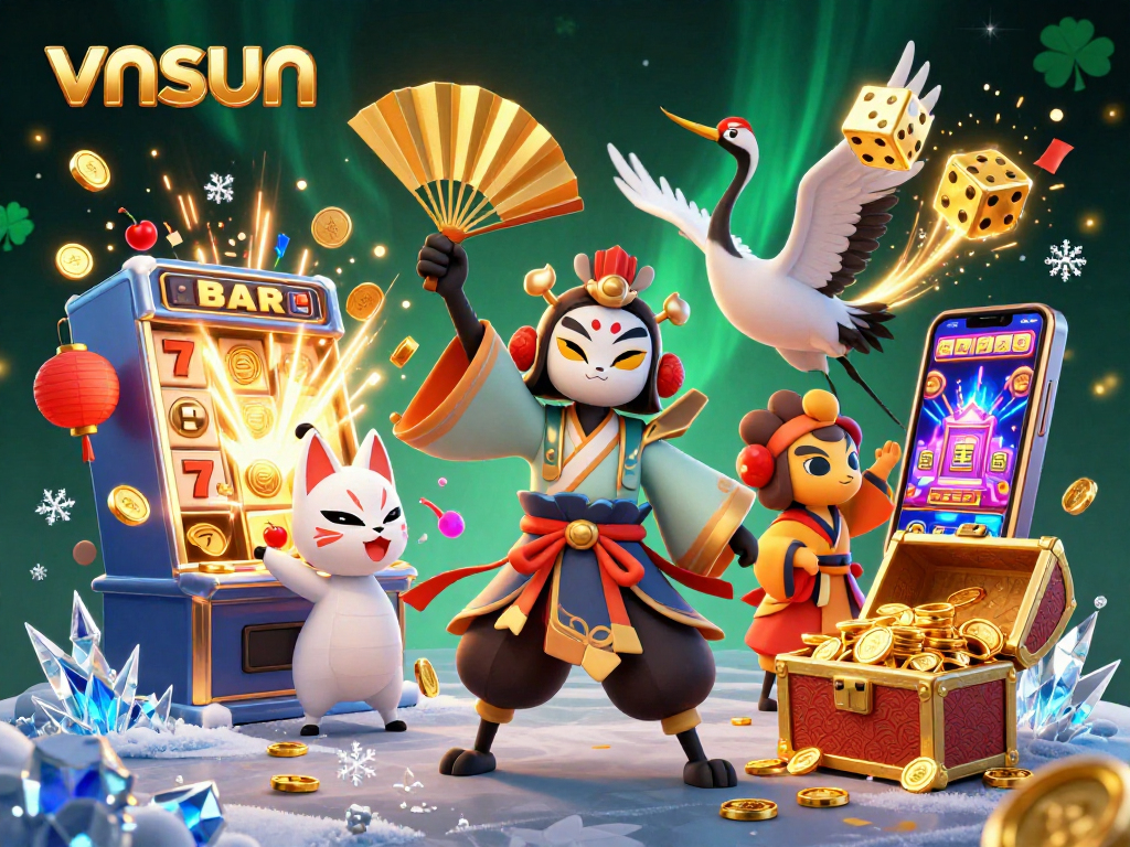 Experience thrilling gameplay and massive wins at vnsun with vibrant illustrations of exciting casino elements and characters.
