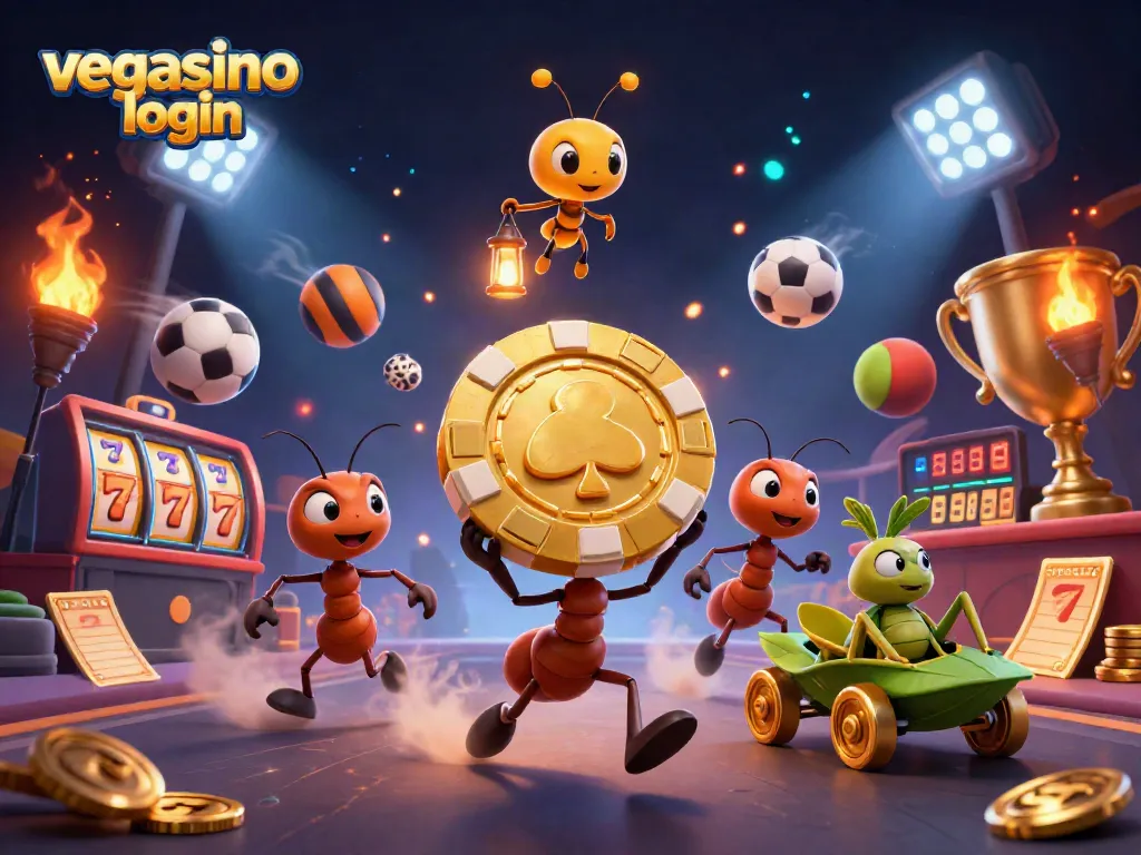 Join the exciting vegasino login journey through a vibrant casino heist scene featuring ants and games.