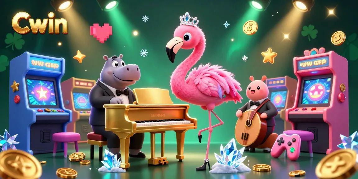 Cwin casino scene with a flamingo singer and hippo bassist amidst arcade machines and vibrant casino elements.