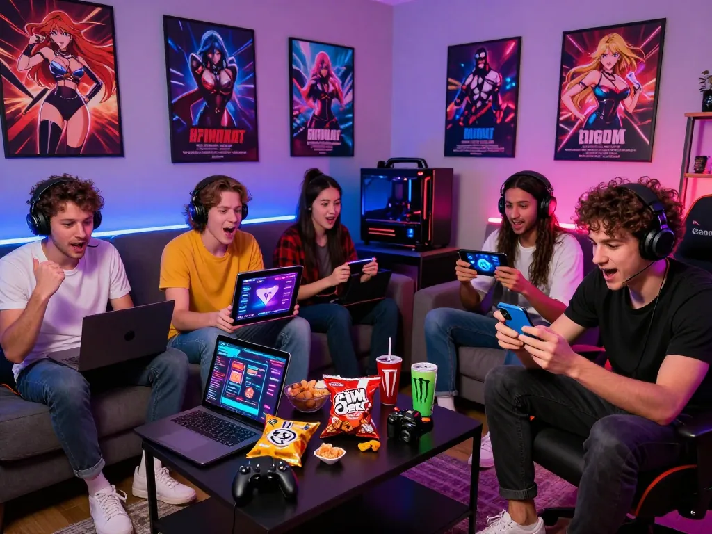 Group of adult gamers enjoying html sex games on multiple devices in a vibrant gaming room