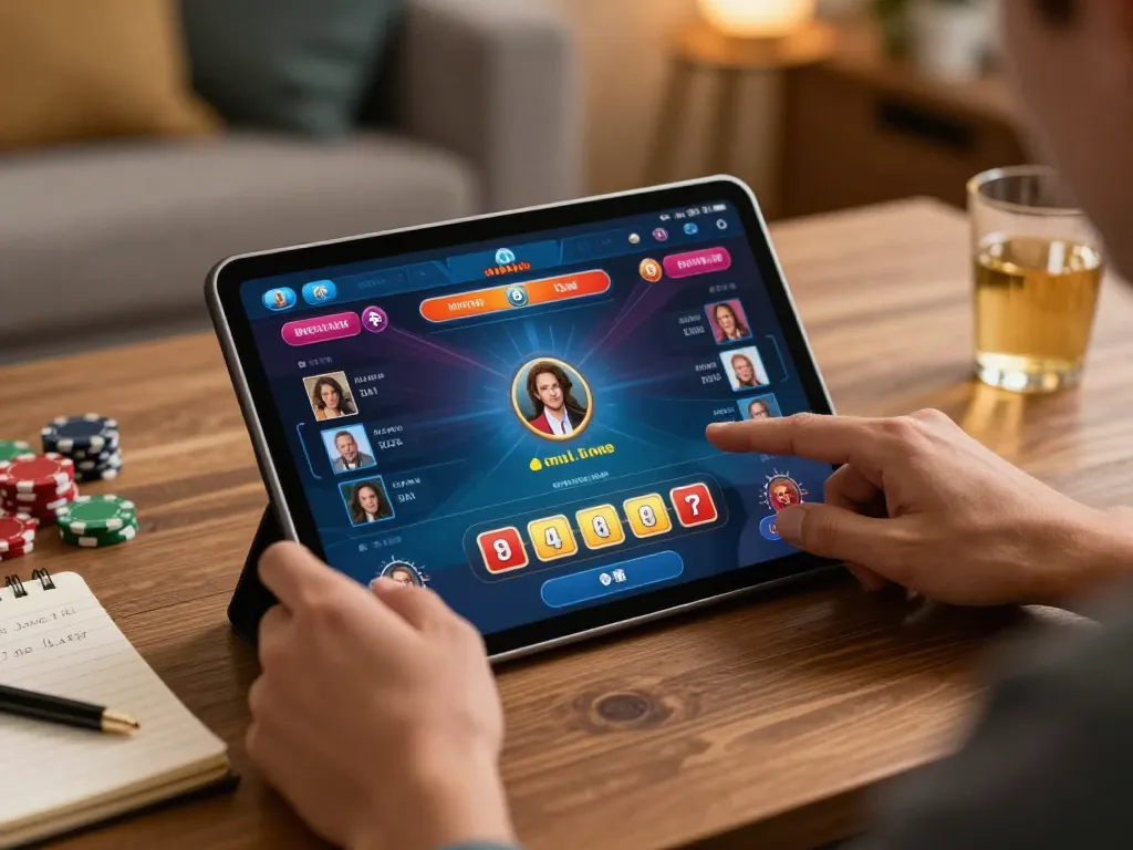 GO88 player placing strategic bets on poker in cozy home setting with tablet and notes.