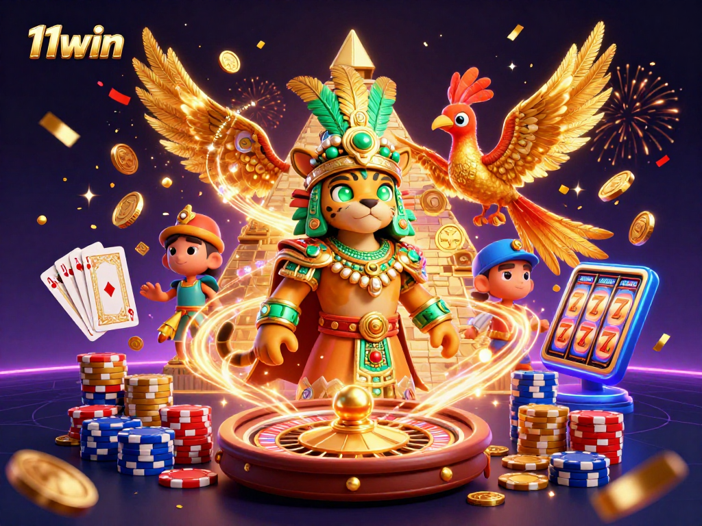 Win big with 11win as you explore a vibrant 3D casino scene bursting with energy and excitement!