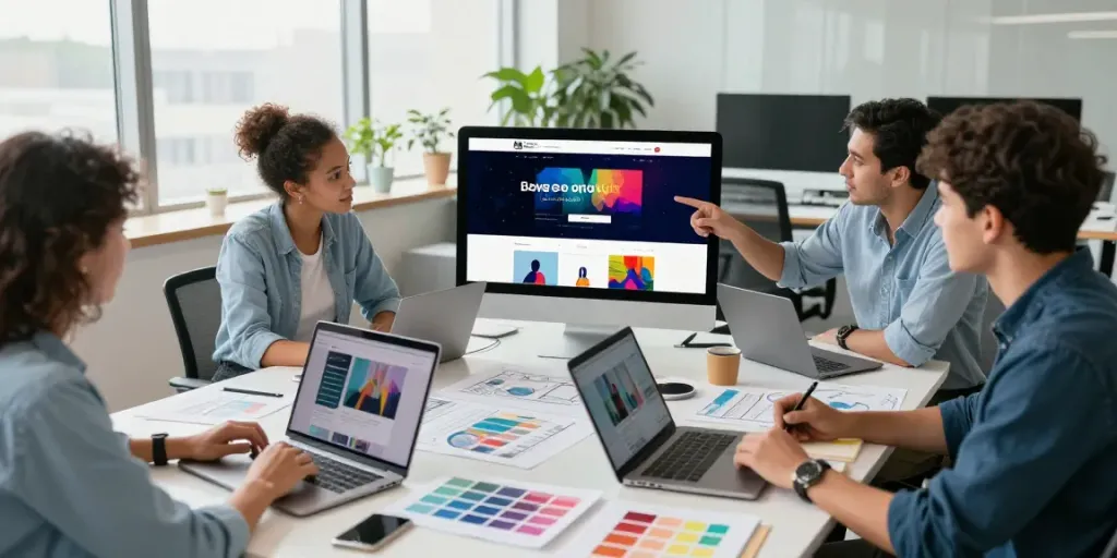 Professionelles Webdesign-Team bei der Arbeit in einem modernen Büro, kreativ und energiegeladen, Webdesign Saarland.