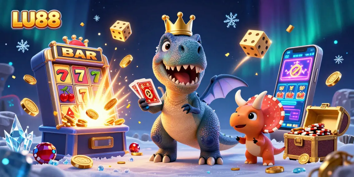 LU88 spins excitement with a T-Rex shuffling cards and a treasure chest of wins.