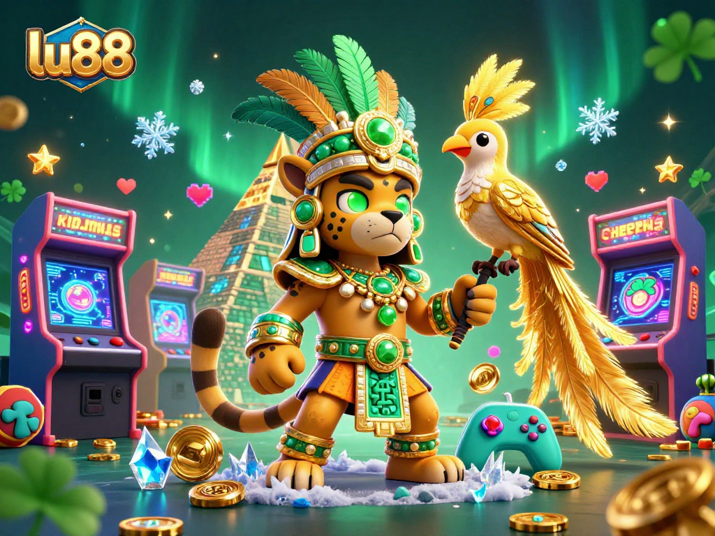 Experience excitement at lu88 with a Mayan-themed scene featuring a jaguar priest, thrilling gaming elements, and festive colors.