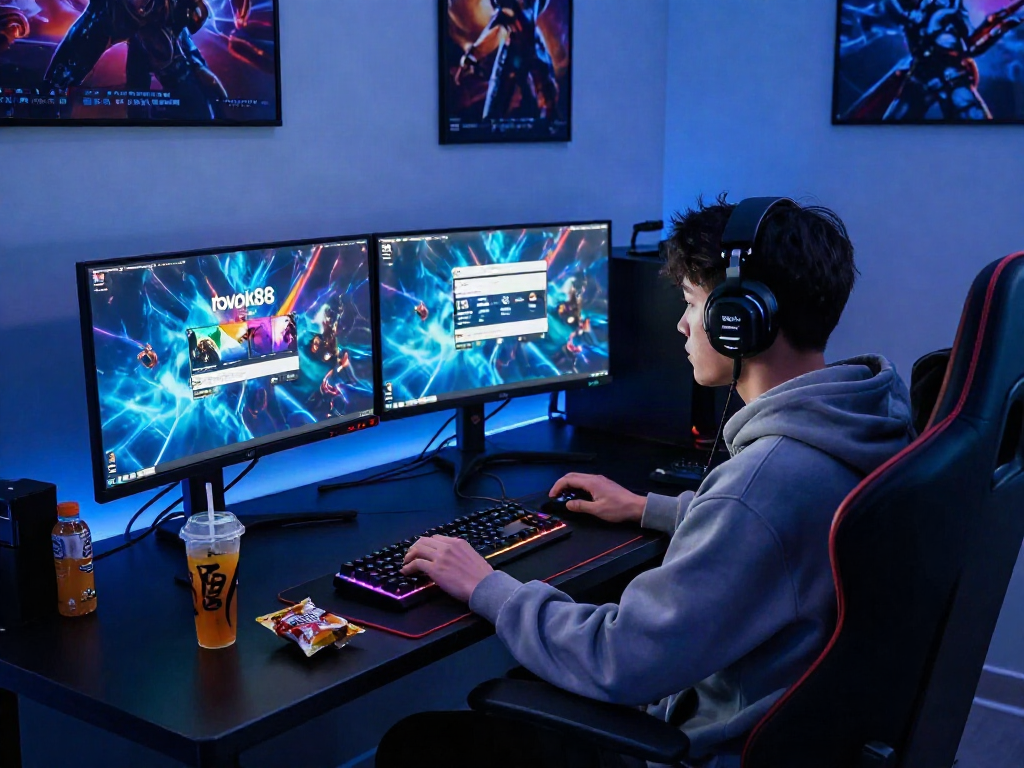 Individual engaged in rokok88 login at a vibrant gaming setup with dynamic lighting.