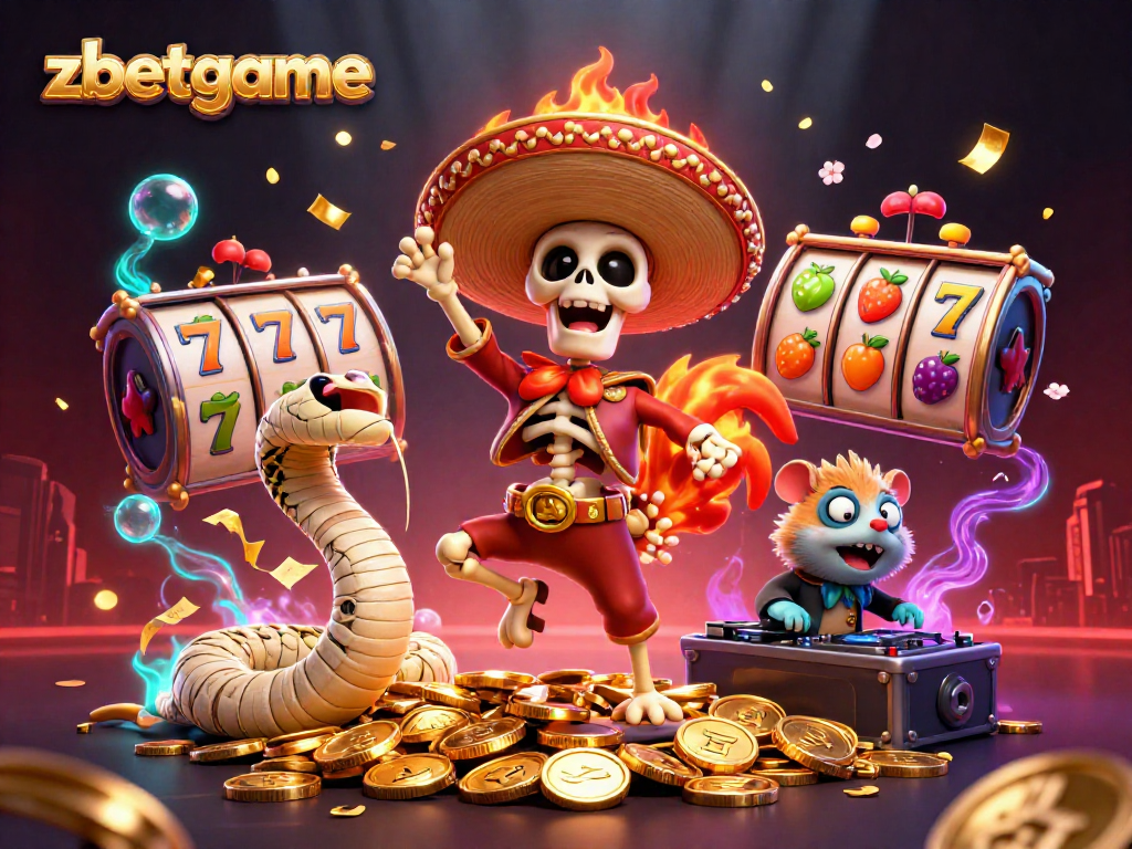 Experience thrilling wins at zbetgame with festive 3D casino characters dancing on gold.