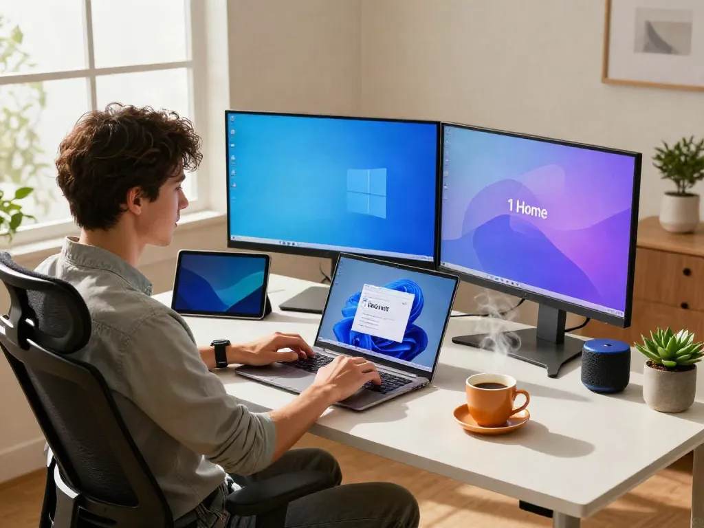 Windows 11 Home auf einem modernen Laptop in einem stilvollen Home Office mit Arbeitsumgebung.
