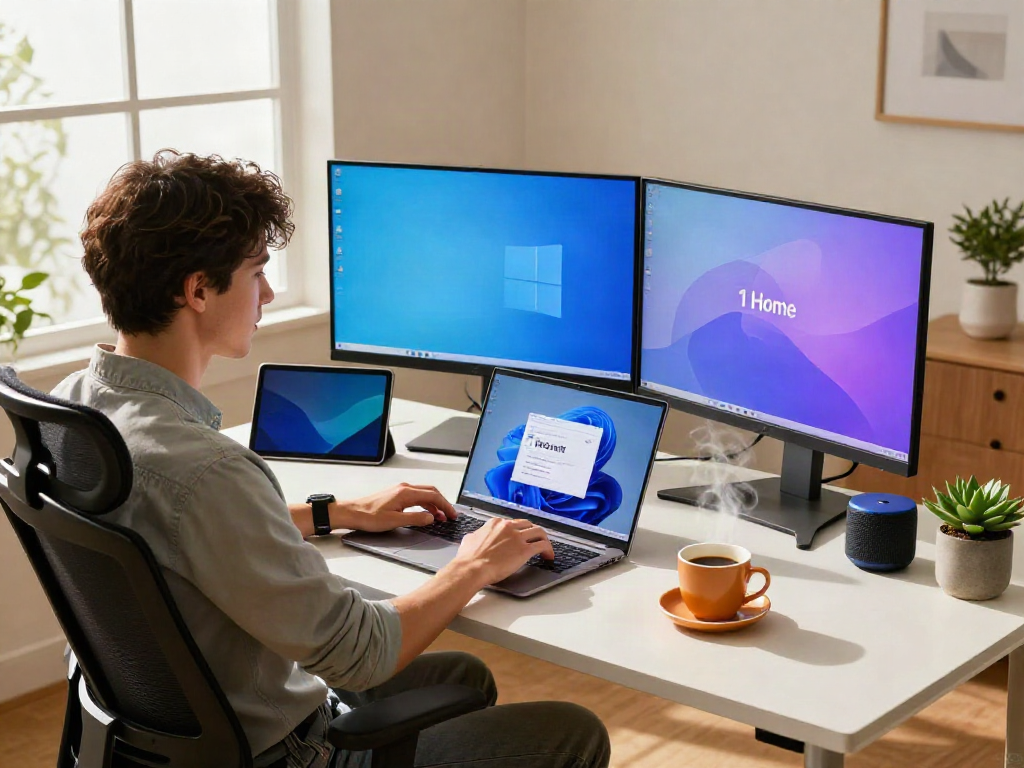 Windows 11 Home auf einem modernen Laptop in einem stilvollen Home Office mit Arbeitsumgebung.