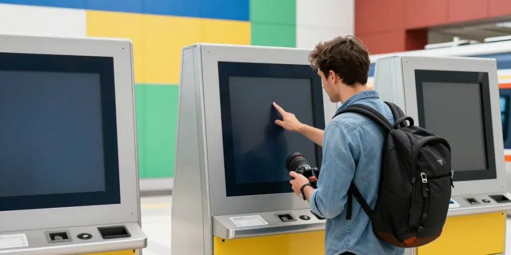Wie kauft man Zugtickets online: Reisender am Bahnhof beim Ticketkauf auf dem Smartphone.
