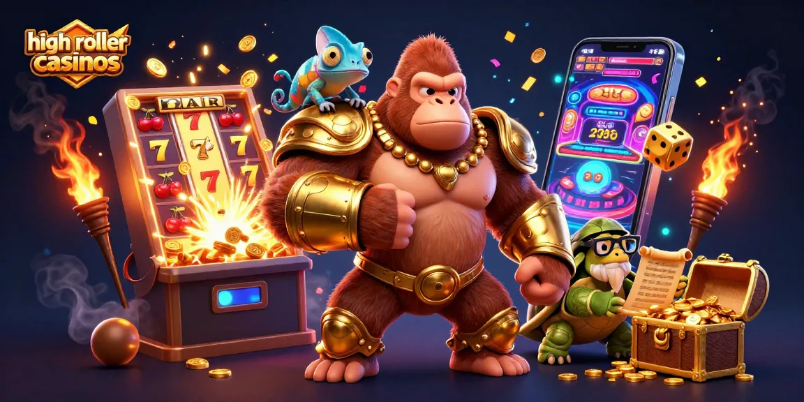 High roller casinos scene featuring a mighty gorilla king and colorful chameleon amidst jackpot symbols.