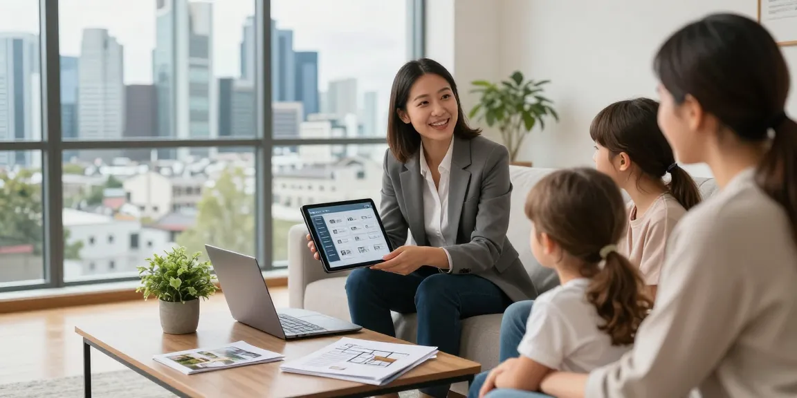 Bester Immobilienmakler Frankfurt berät Familie beim Immobilienkauf in modernem Büro mit Skyline im Hintergrund