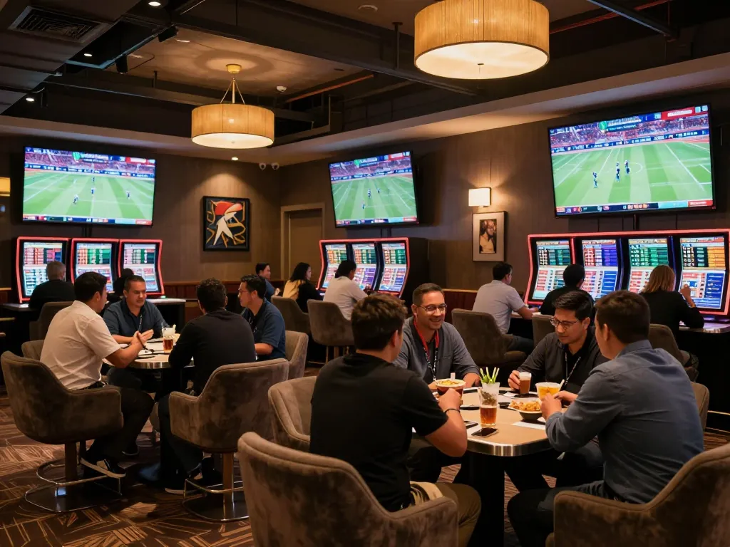 Nohu sports enthusiasts placing bets in a stylish casino lounge filled with vibrant sports screens.