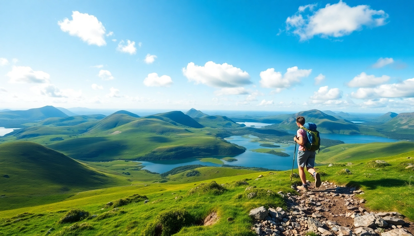 Erleben Sie Wandern Irland Urlaub mit einem Wandersmann in der malerischen Landschaft Irlands.