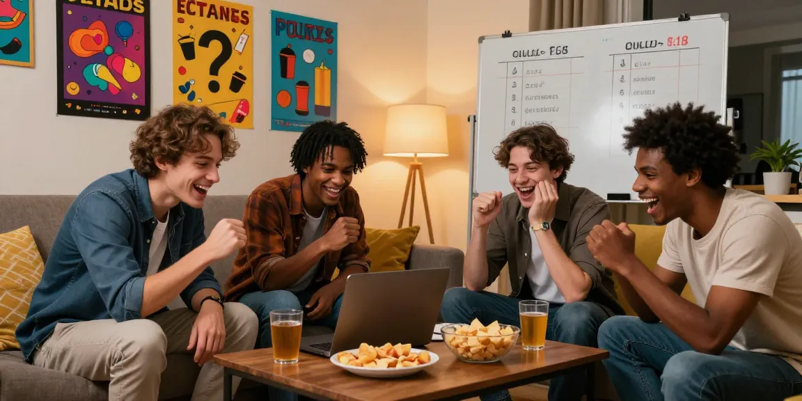 Quiz Allgemeinwissen: Eine Gruppe von Freunden, die an einem Laptop sitzen und ein unterhaltsames Online-Quiz spielen.