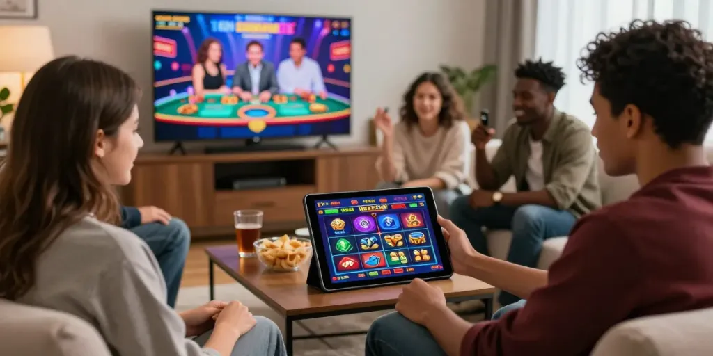 Mobile Casino Ranking Österreich: Freunde genießen ein aufregendes Spielerlebnis mit einem Tablet in einem gemütlichen Wohnraum.