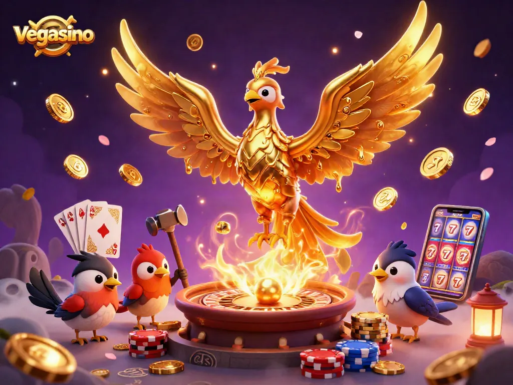 Experience vegasino's casino magic with a golden phoenix and vibrant 3D elements.