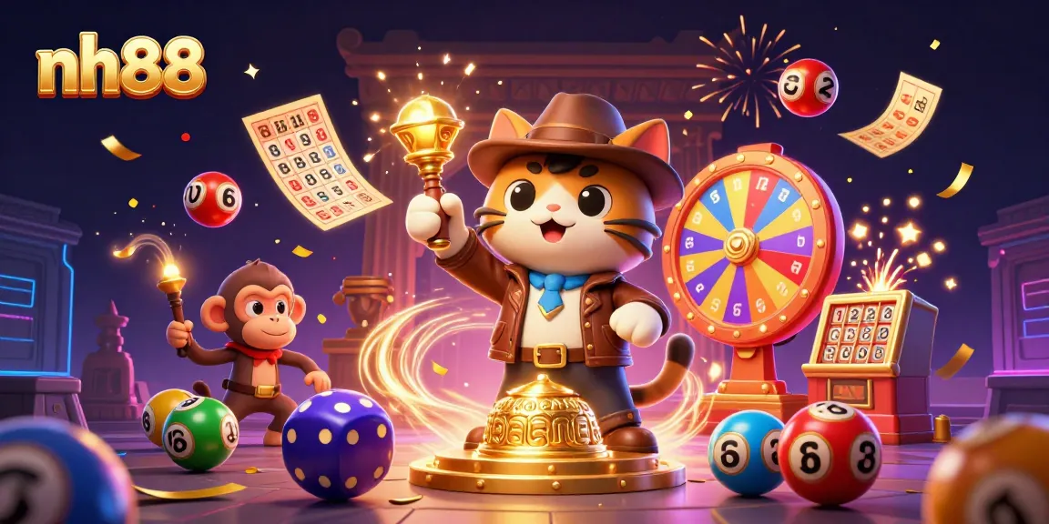 nh88 brings excitement as a cat archaeologist reveals a golden casino artifact in a vibrant, festive scene.