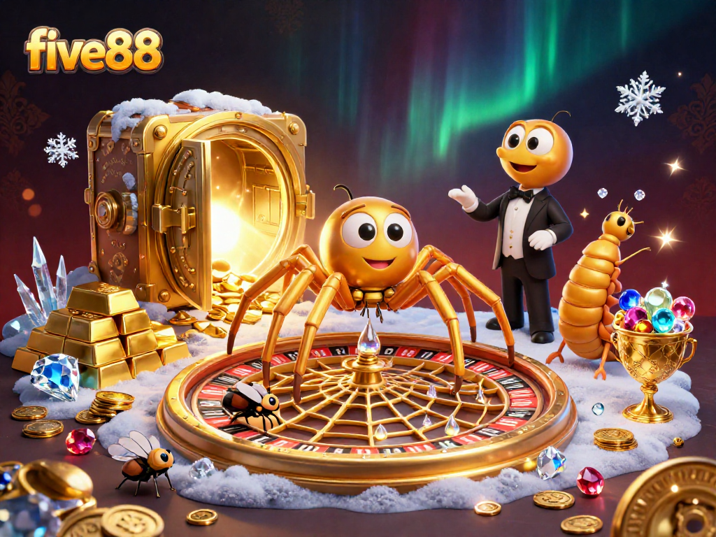 Experience the thrill of five88 gaming with a vibrant 3D illustration of a roulette wheel and treasure!