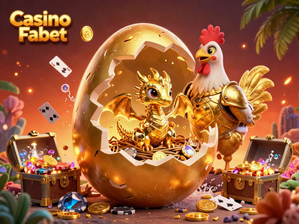 Experience Casino Fabet's unique gaming vibes with a baby dragon and poker chips in this vibrant illustration.