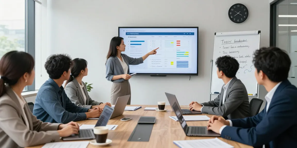 Besprechung zu toxischem Chef in modernem Büro mit Teams, Leadership-Feedback und Evaluierungsinstrumenten.