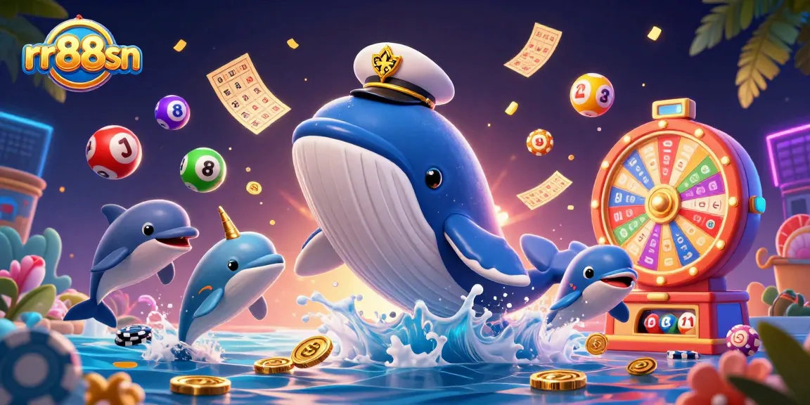 Join the excitement at rr88sn with a thrilling illustration of a whale, narwhal, and dolphins in a playful gaming scene.