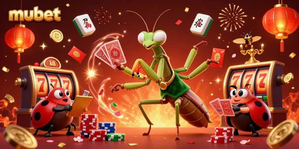Experience the excitement of mubet with a dazzling casino scene featuring vibrant characters and festive elements.