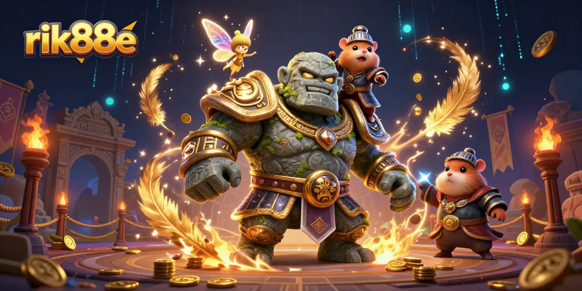 Experience the excitement of rik88e with a vibrant 3D casino scene showcasing fantasy characters amidst magical elements.