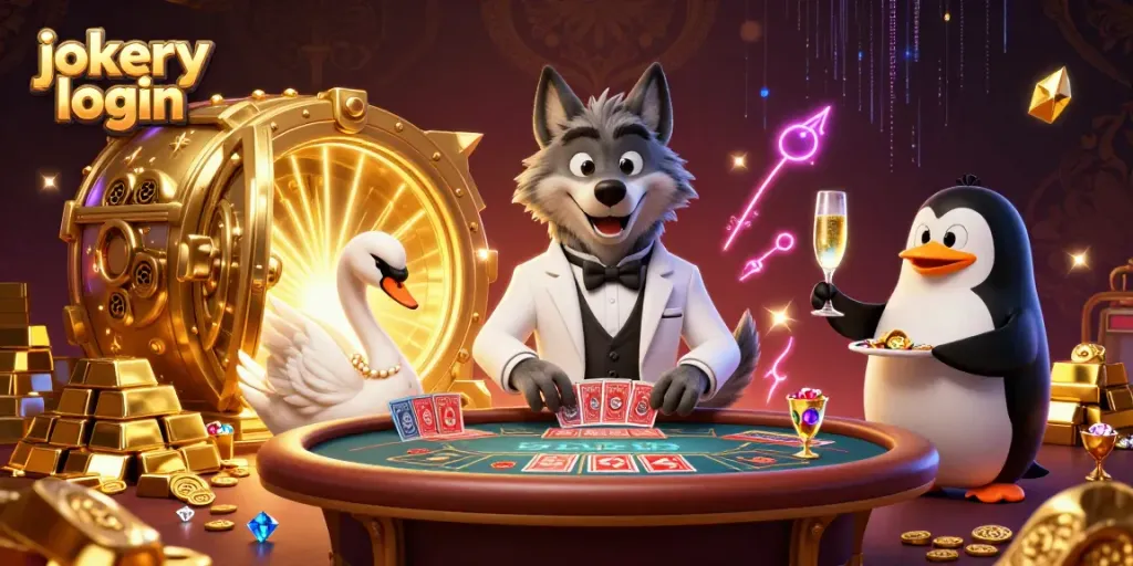 Experience jokery login thrills with an exciting 3D casino scene featuring a debonair wolf and elegant swan.