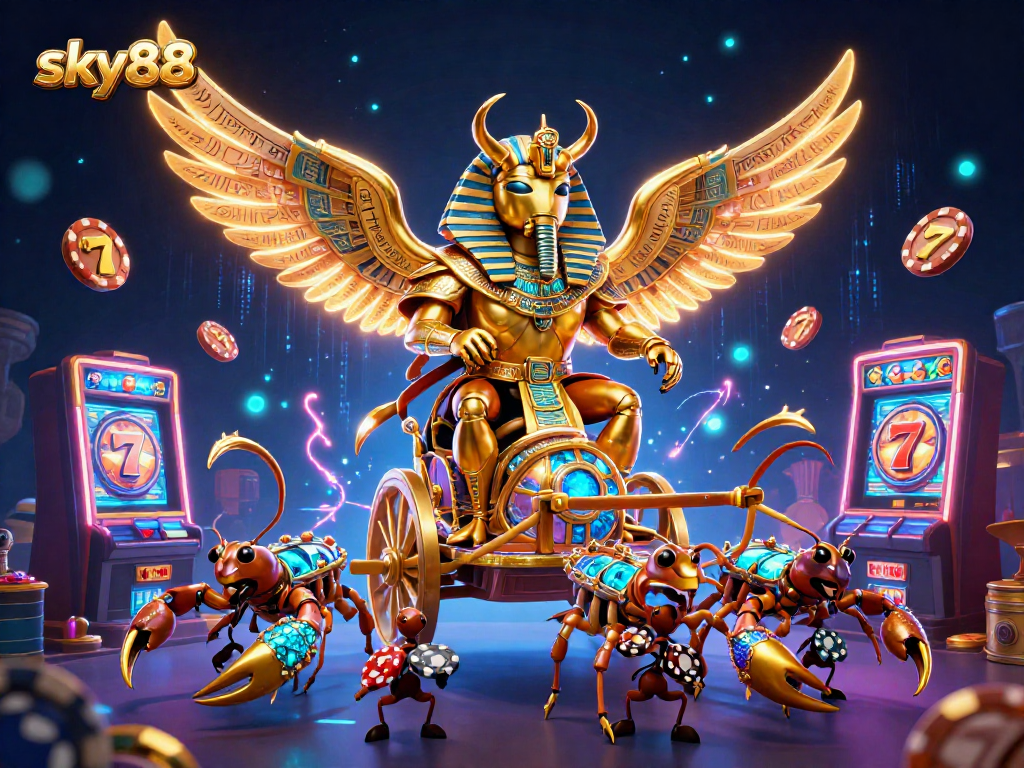Experience thrilling gameplay with sky88's colossal golden scarab beetle and dazzling slot elements.