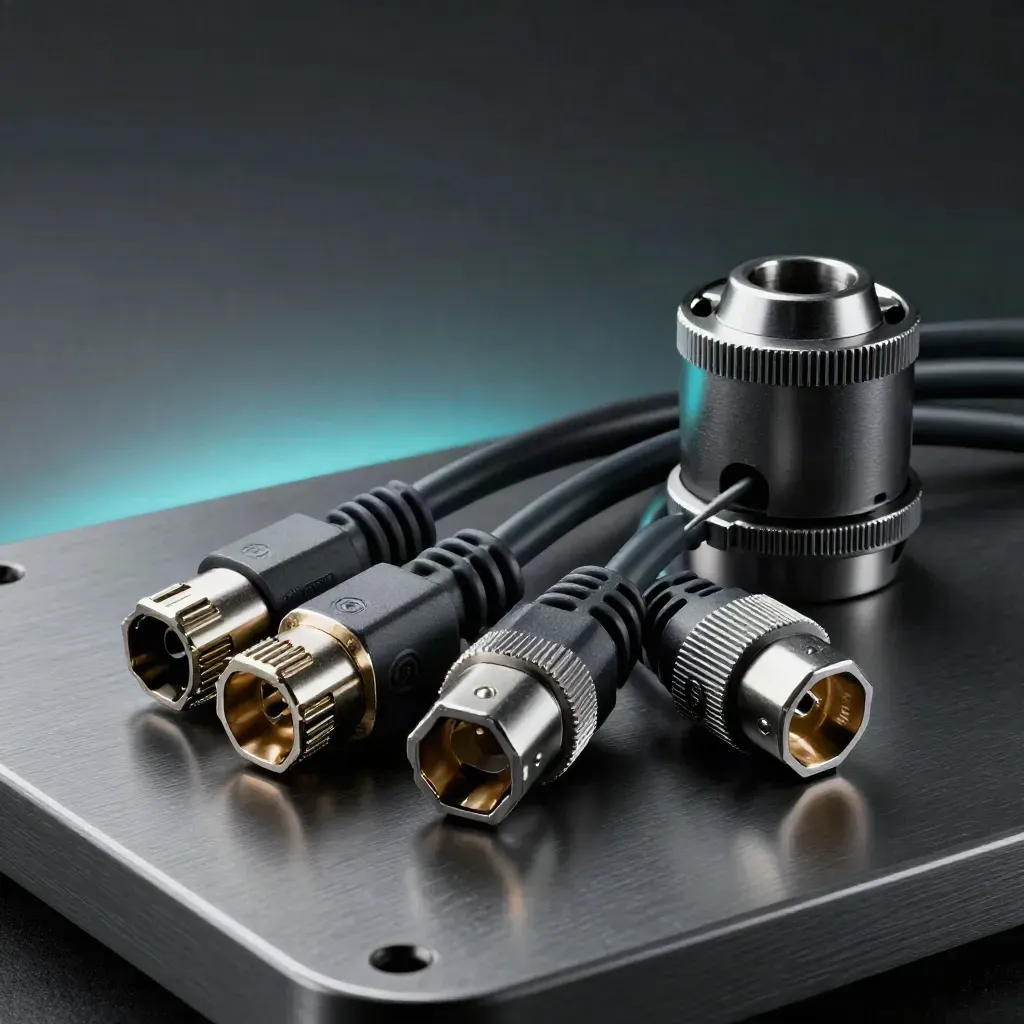 Fiber-Optic-Verbinder, Patchkabel und Kabelverschraubung auf gebürstetem Graphitmetall im Dramlicht