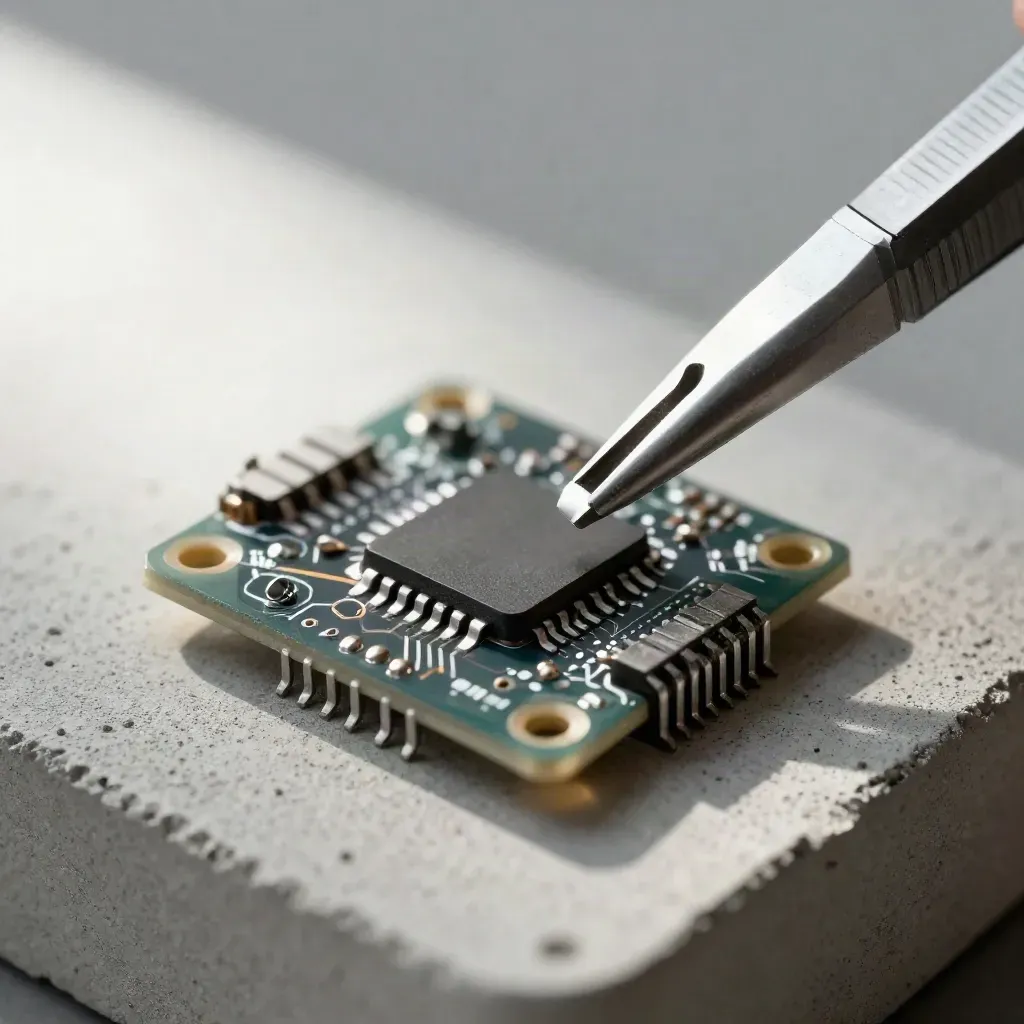 Mikro-platine, Keramikchip und Pinzette auf hellem Beton mit winziger Schraube.