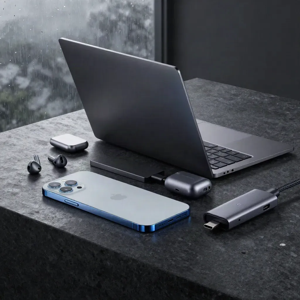 Ultrabook, Smartphone, SSD und Zubehör auf dunkler Steinplatte im Regenlicht.
