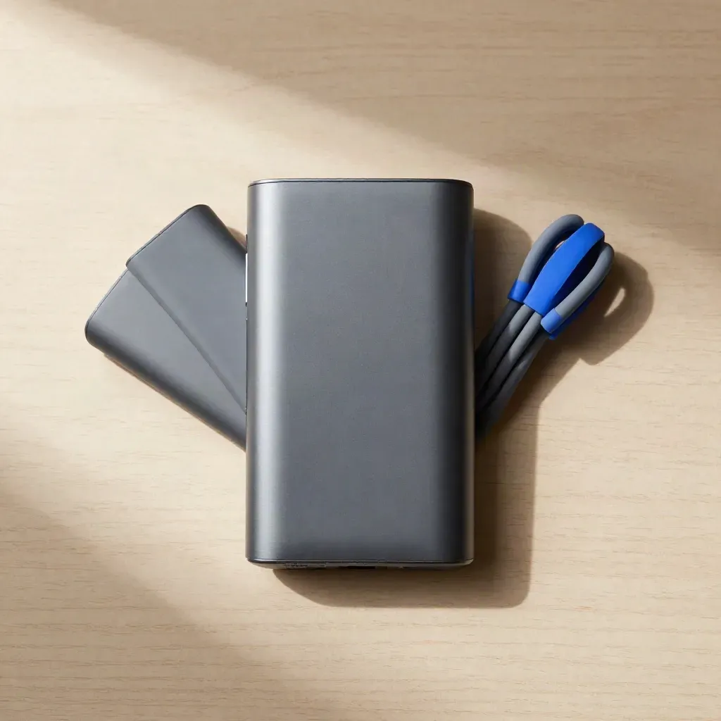 Powerbank, Ladebrick und Silikon-Kabelbinder auf hellem Holz, von oben inszeniert.