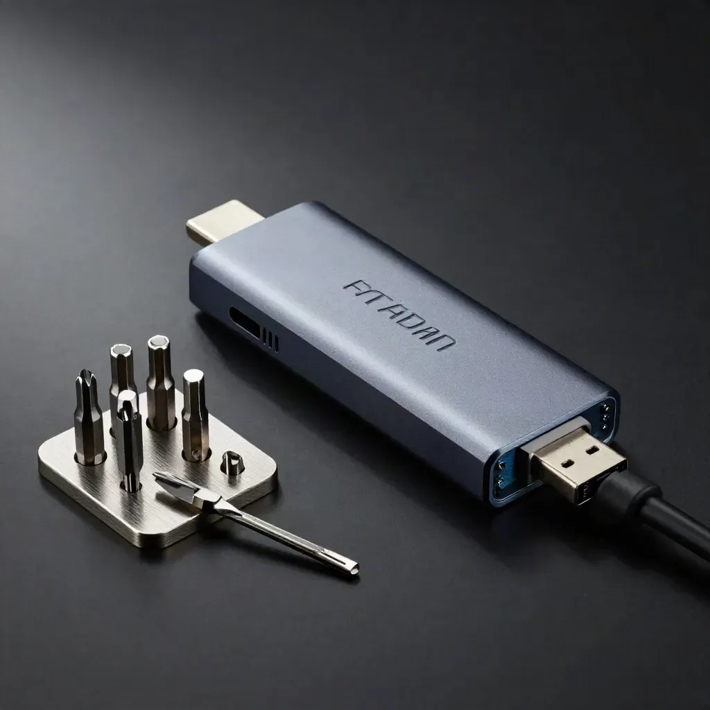 USB-C-Hub, Schraubbits und Magnetschale auf gebürstetem Metall im dramatischen Licht
