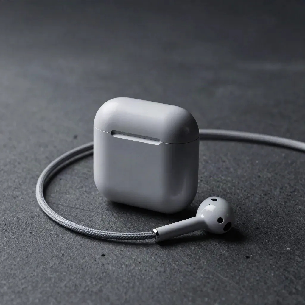 Oberseite mit Ladecase, einem Earbud und Kabelbinder auf dunklem Beton