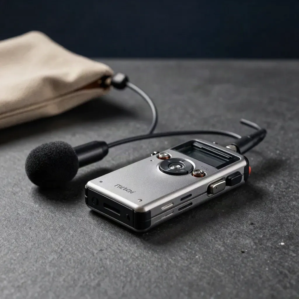 Audiorekorder mit Lavalierkapsel, AAA-Batterie und Schaumwindschutz auf dunklem Stein.