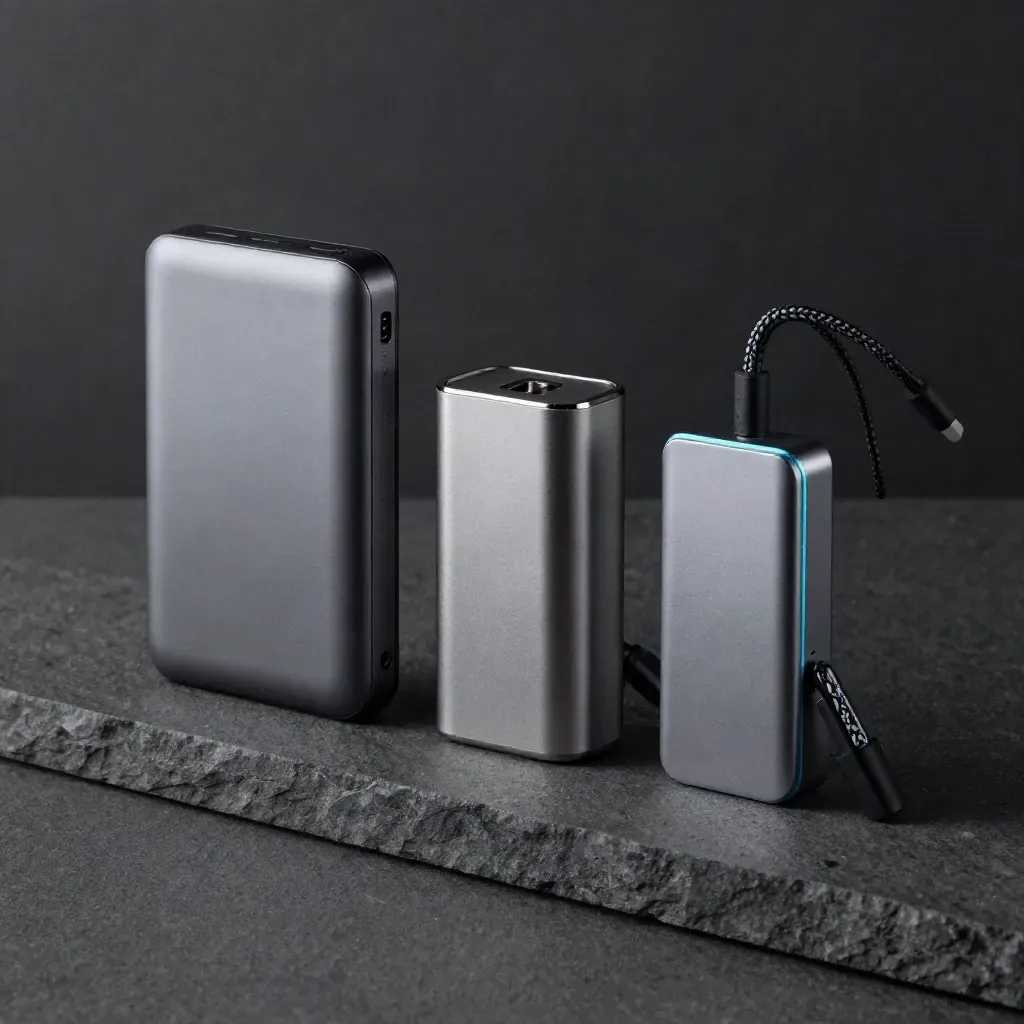 Drei Tech-Gadgets: Powerbank, Reiseladegerät und Dongle in grafitgrauer Makroaufnahme.