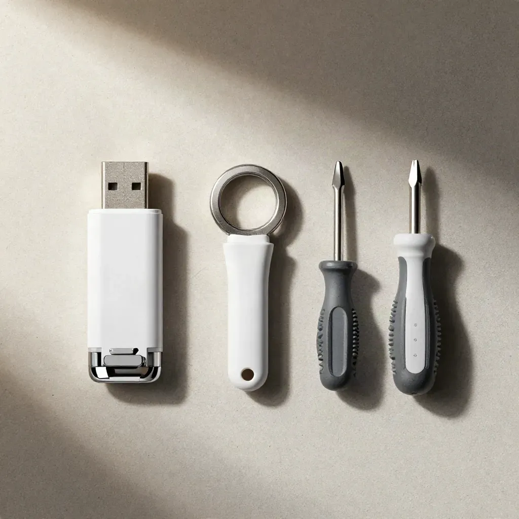 USB-Dongle, Adapterring und Schraubendreher-Set auf hellem Beton, sauber von oben arrangiert.