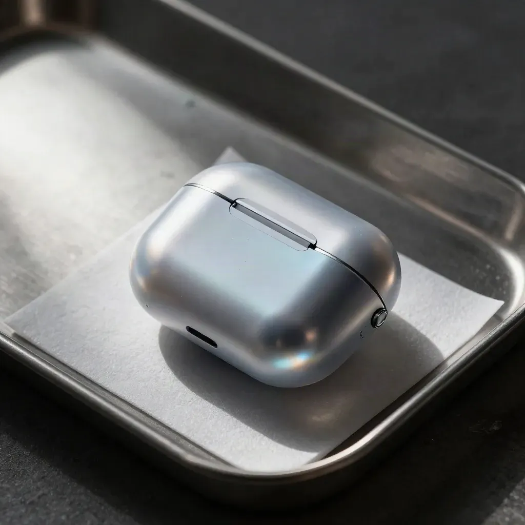 Offene Premium-Earbuds-Box halb aus Schaumverpackung auf gebürstetem Metall, Makro von oben