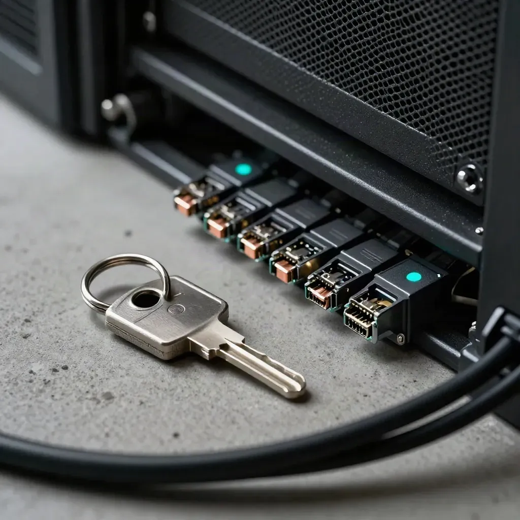 IT-Sicherheits-Token, Netzwerkkabel und Switch-Modul im dramatischen Studiolicht