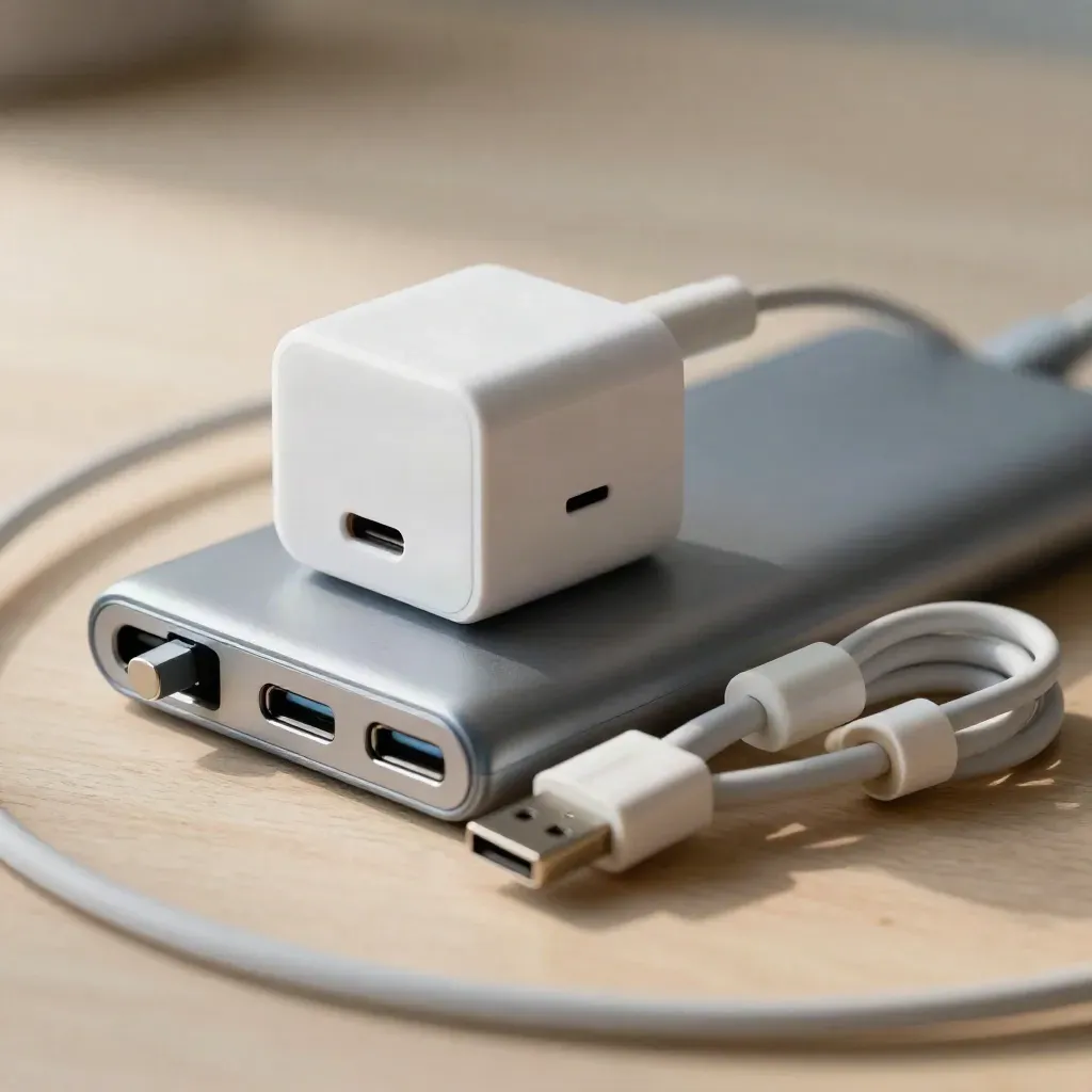 Reise-Ladekit mit Powerbank, Kabel und SIM-Werkzeug auf hellem Holz.