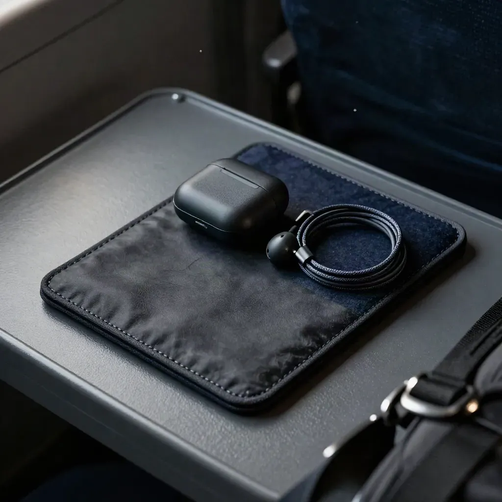 E-Reader-Hülle, Kopfhörer-Case und Ladekabel auf dunklem Filz im edlen Nahblick.