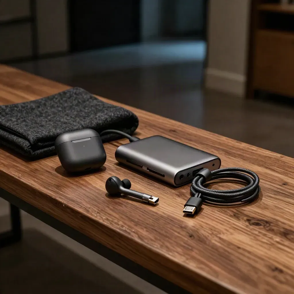 Walnussfläche mit Ohrhörer-Case, Powerbank und USB-C-Kabel im dunklen Bokeh.