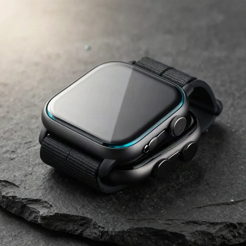 Schwarze Smartwatch-Bänder, Displayschutz und Hülle auf dunklem Stein in Makroaufnahme