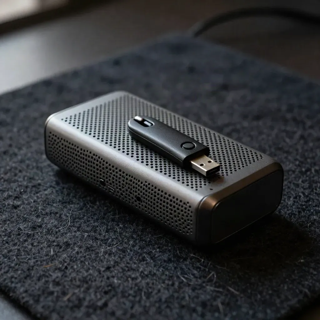 Funkkonferenzlautsprecher, Präsentationsklicker und USB-Dongle auf dunklem Filz