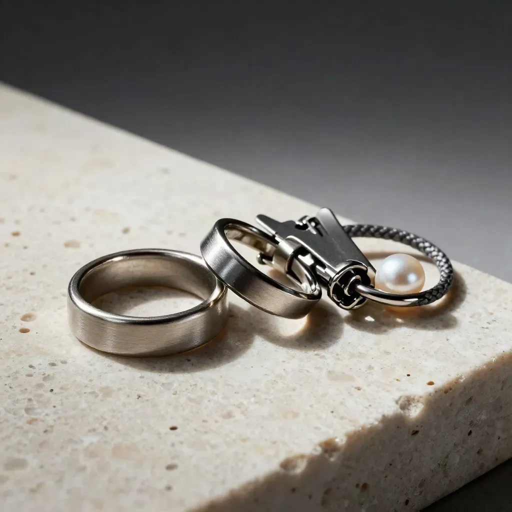 Brushed-Metalringe, Federclip und Kabel auf hellem Stein in dramatischem Licht